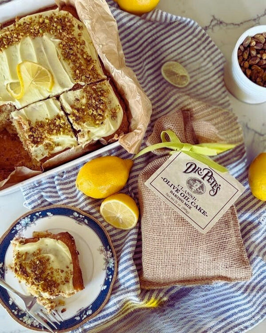 Pistachio Lemon Olive Oil Cake with Meyer Lemon and Butter Olive Oil