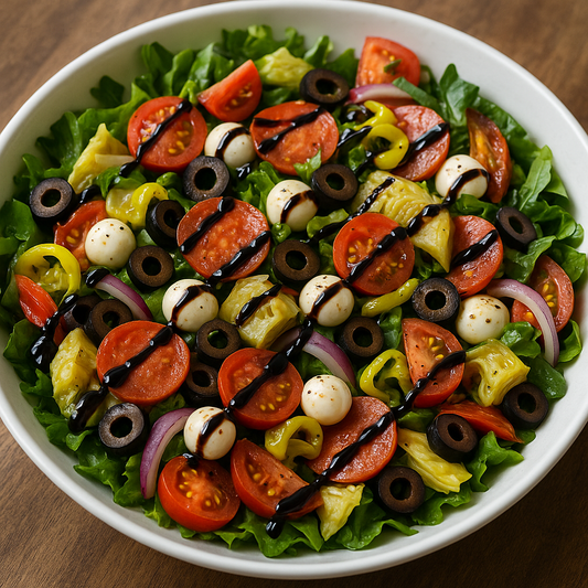 Pizza Salad with Habanero Lime Olive Oil & Balsamic Drizzle