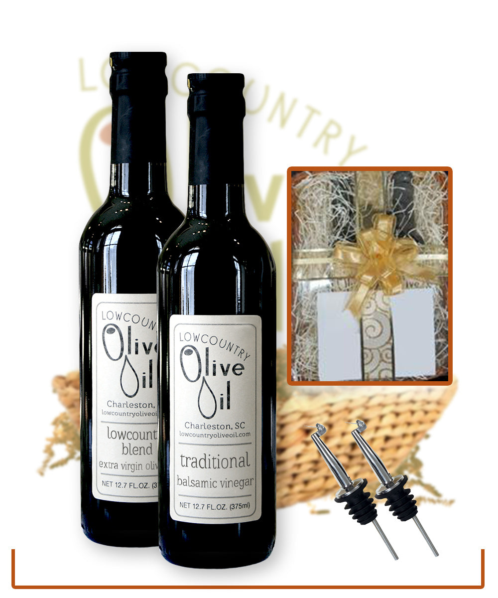 Oil & Vinegar with 2 spouts in a decorative basket