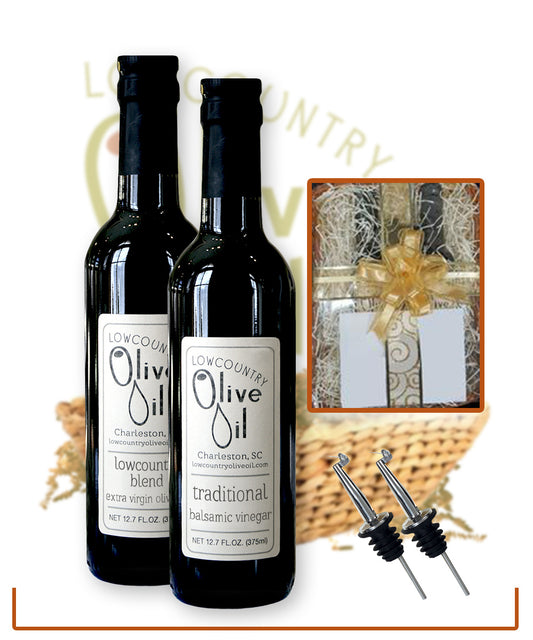Oil & Vinegar with 2 spouts in a decorative basket