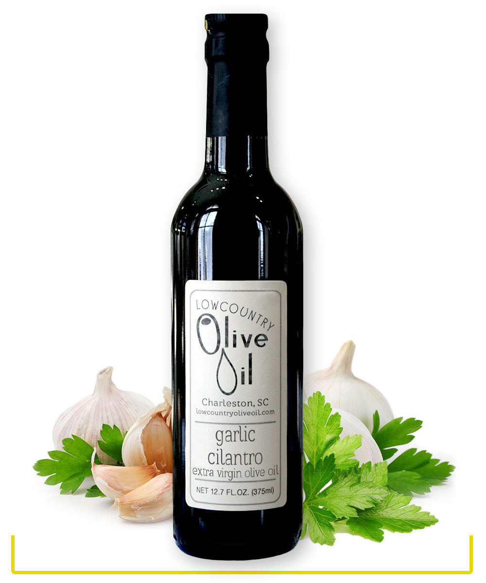 12oz bottle of olive oil infused with garlic and cilantro in Charleston, SC