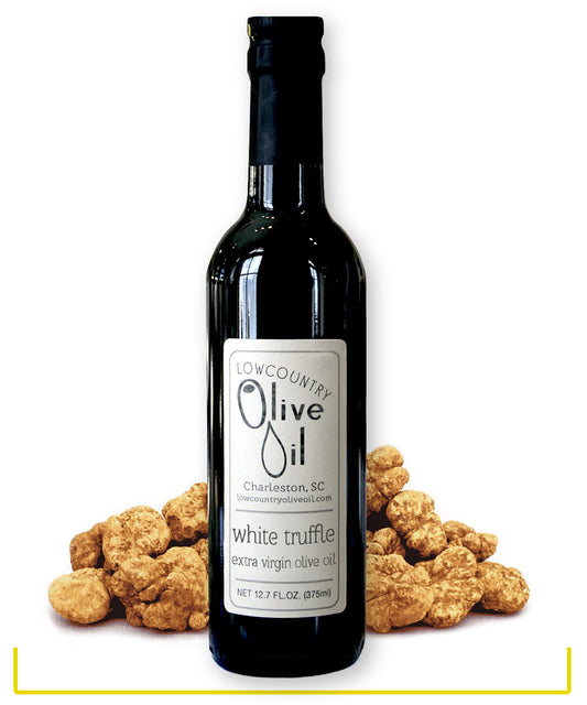 12oz bottle of white truffle garlic olive oil from Charleston, SC