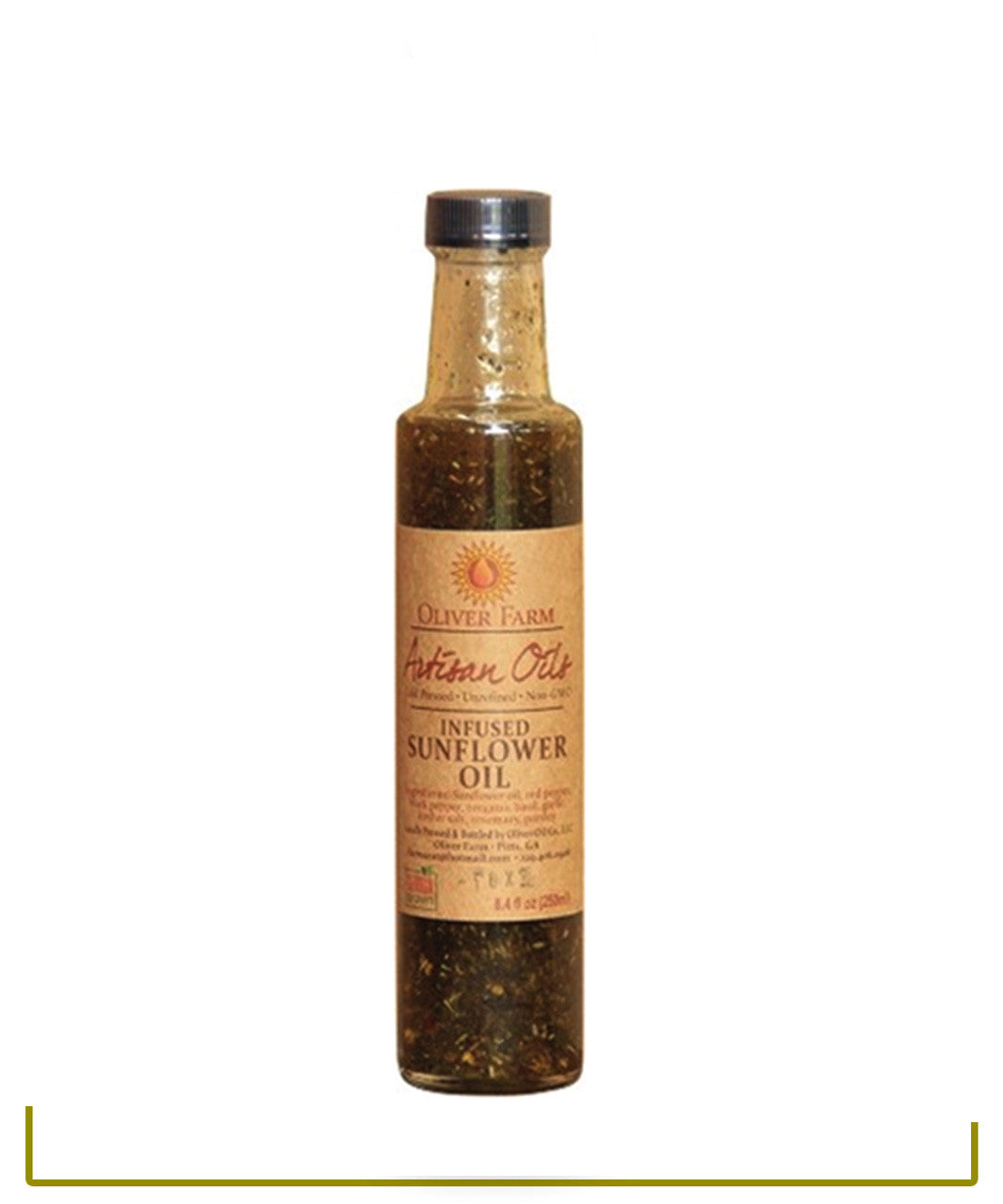 8oz bottle of Georgia Sunflower Oil with herbs.