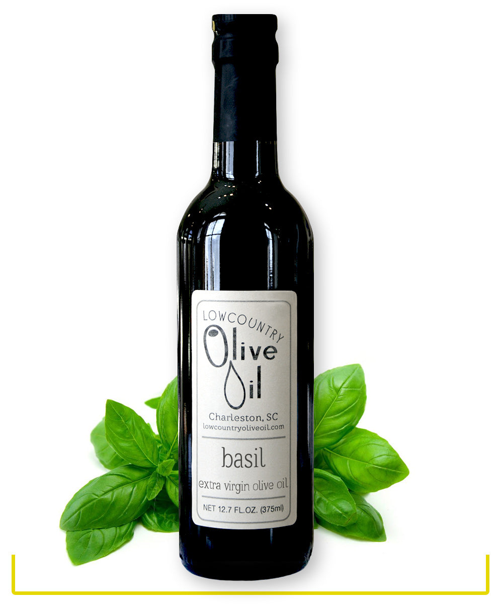 12 oz bottle of basil olive oil made in Charleston, SC