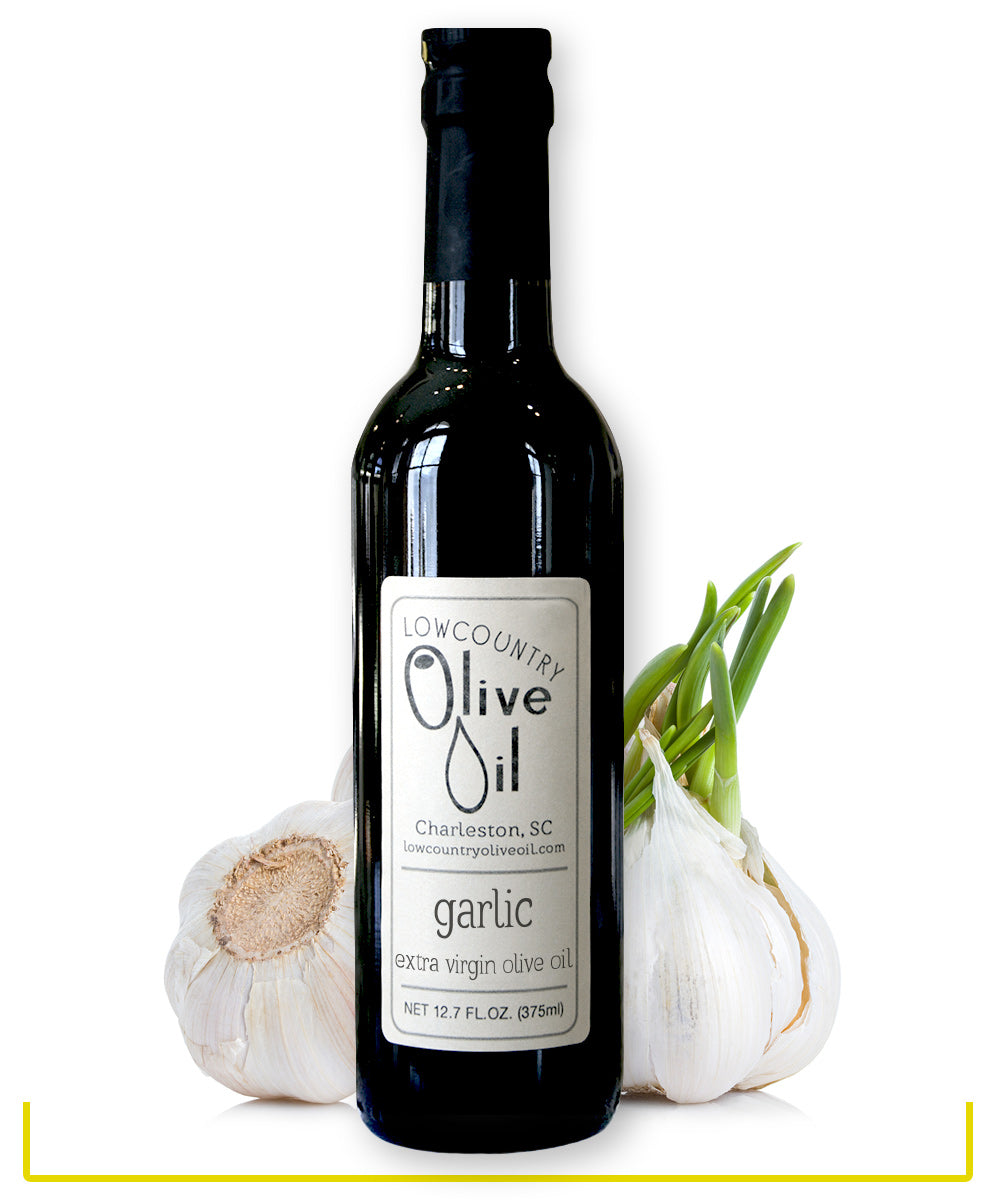 12oz bottle of garlic infused olive oil sold in Charleston