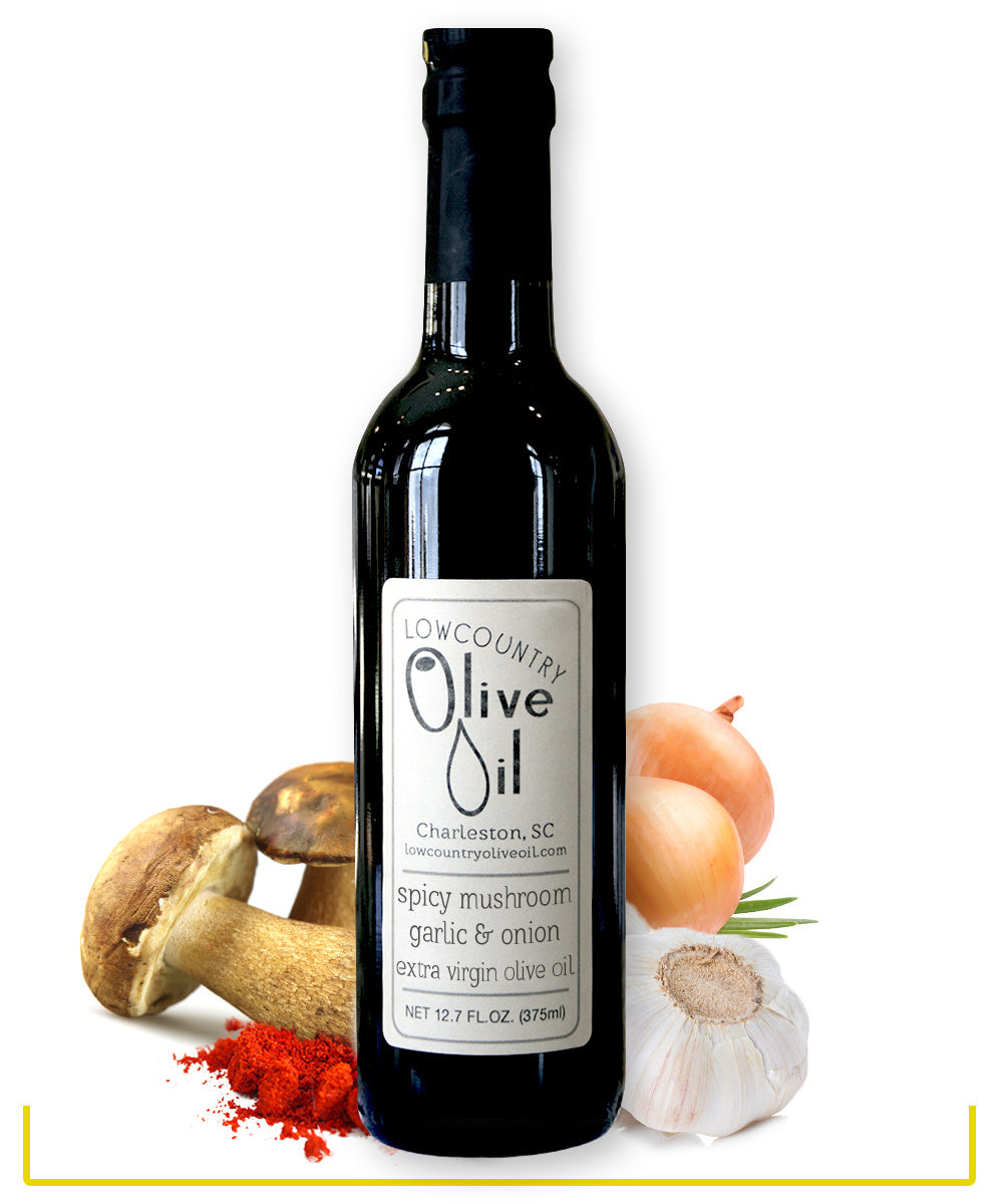 Bottle of extra virgin olive oil infused with mushrooms, chipotle peppers, garlic and onion. 