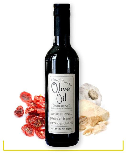 12oz bottle of extra virgin olive oil infused with sundried tomato, garlic, and parmesan.